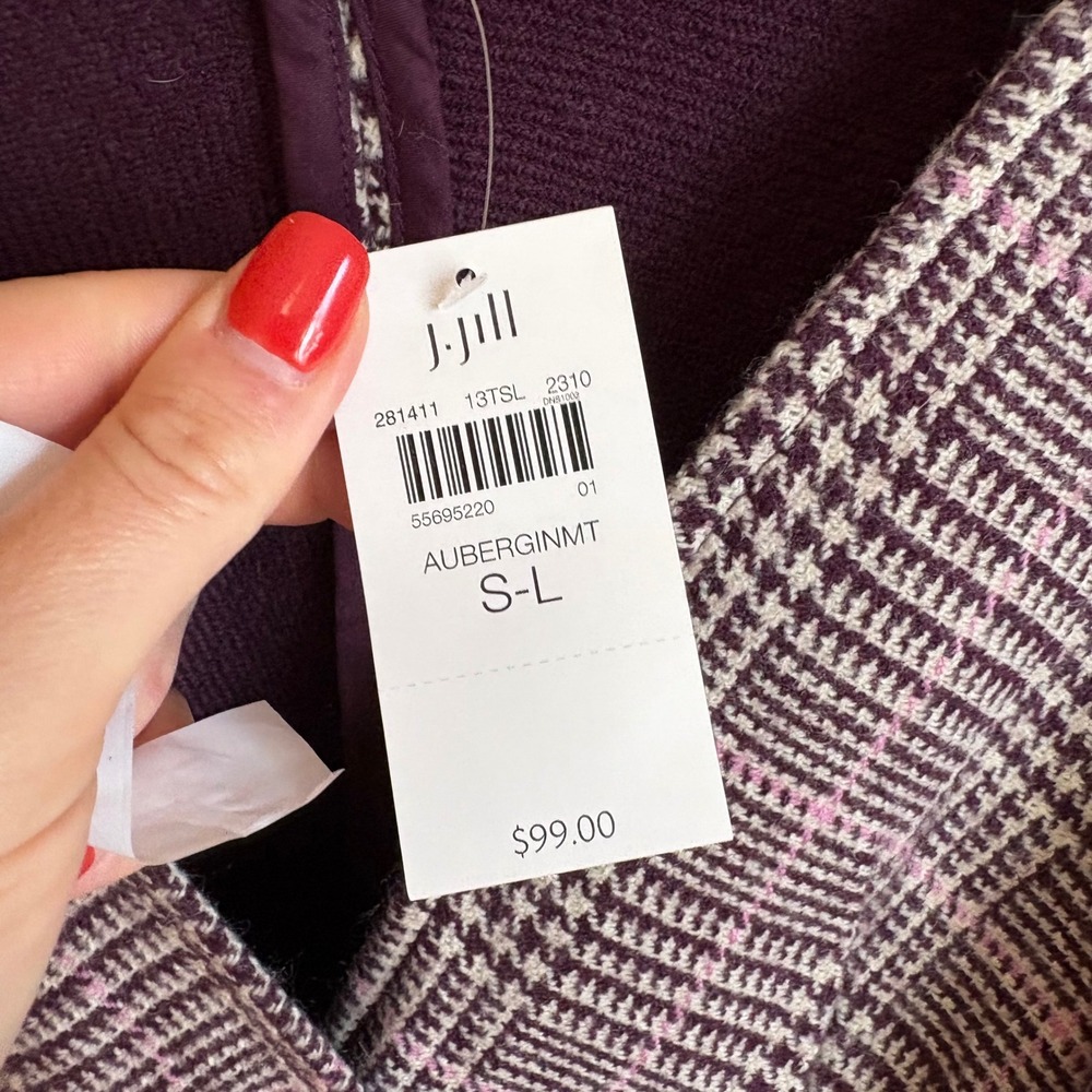 J. Jill Cape Sweater Womens S-L Purple Plaid Single Button Arm Slits New - Picture 8 of 8